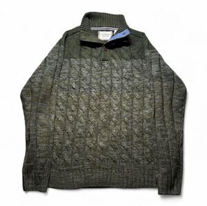 American Threads Men's L Green Cable-Knit Mock Neck Button Accent Sweater
